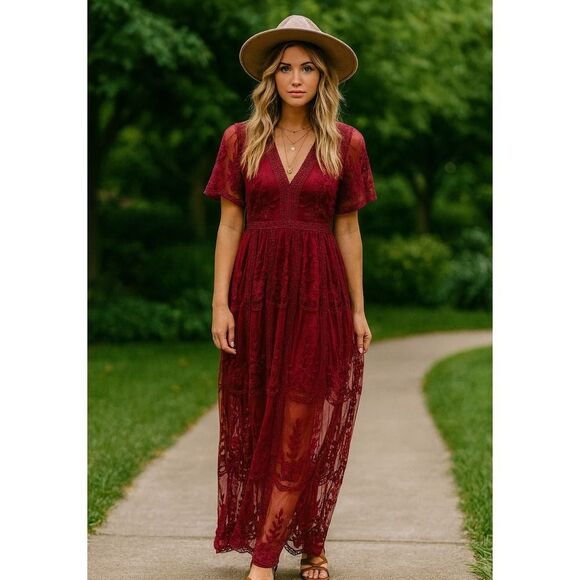Art Ephect Womens Embroider Crochet Floral Sheer Maxi Dress sz S Whimsigoth Boho - Picture 1 of 13